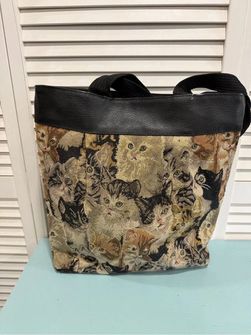 Kitten Tapestry Tote Bag with Black Trim